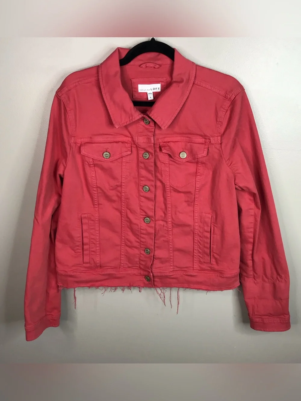 LOFT Coral-Pink Jean Jacket with Frayed Hem Sz Large